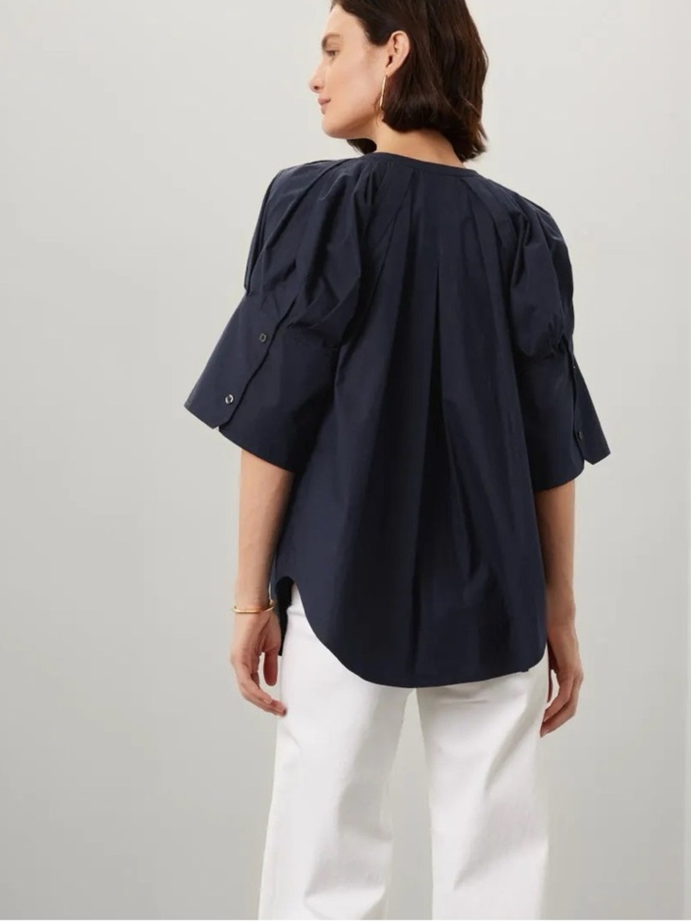 A.L.C. Top Womens Sz 0 Navy Blue Chloe Oversized Cotton Poplin Puff Sleeves Work - Picture 3 of 6